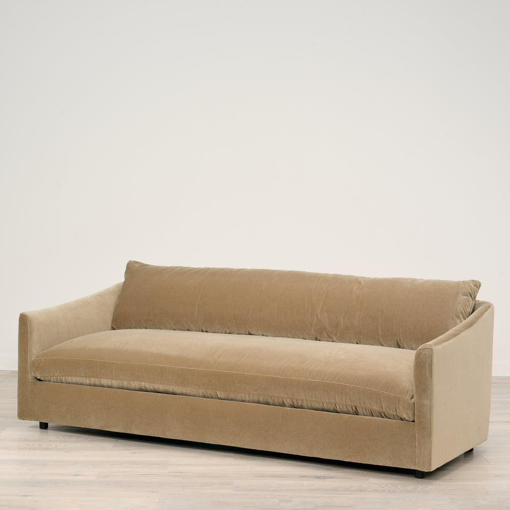 Everleigh 89" Sofa with Bench Seat Upholstered in Sandy Wheat With Harmony Standard Cushion and Espresso Wood Finish