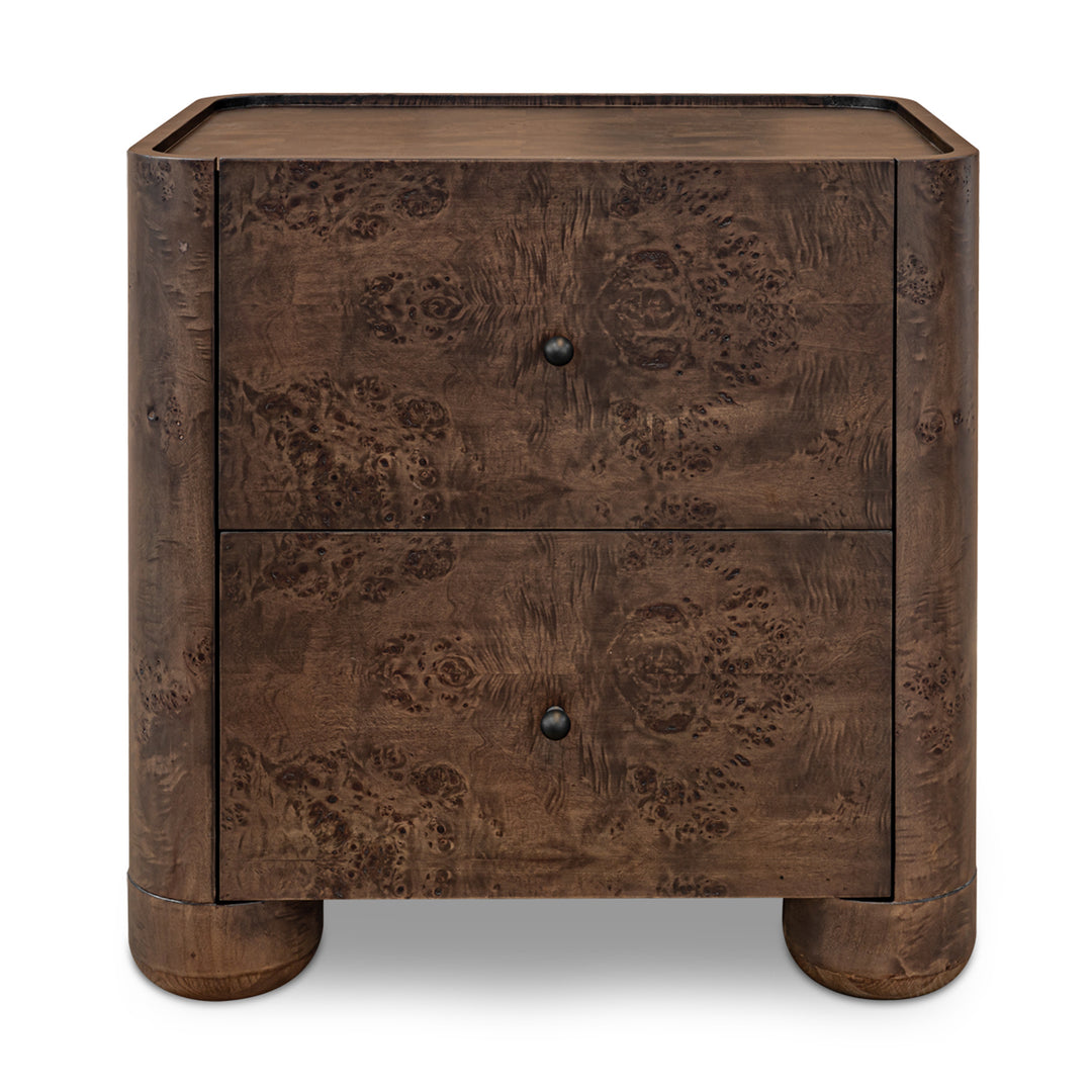 Wooden nightstand with two drawers on a white background