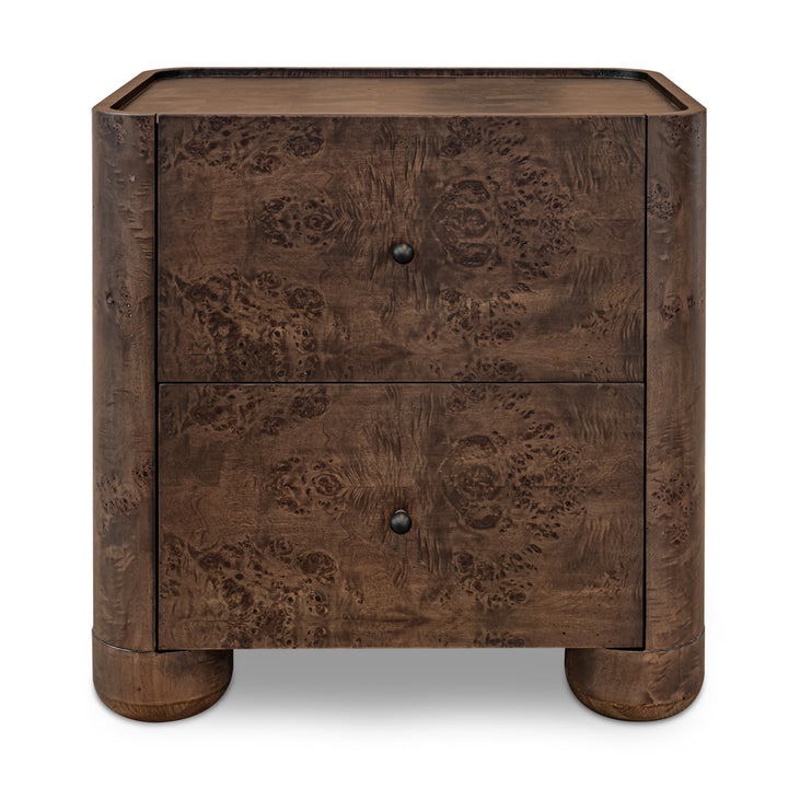 Wooden nightstand with two drawers on a white background