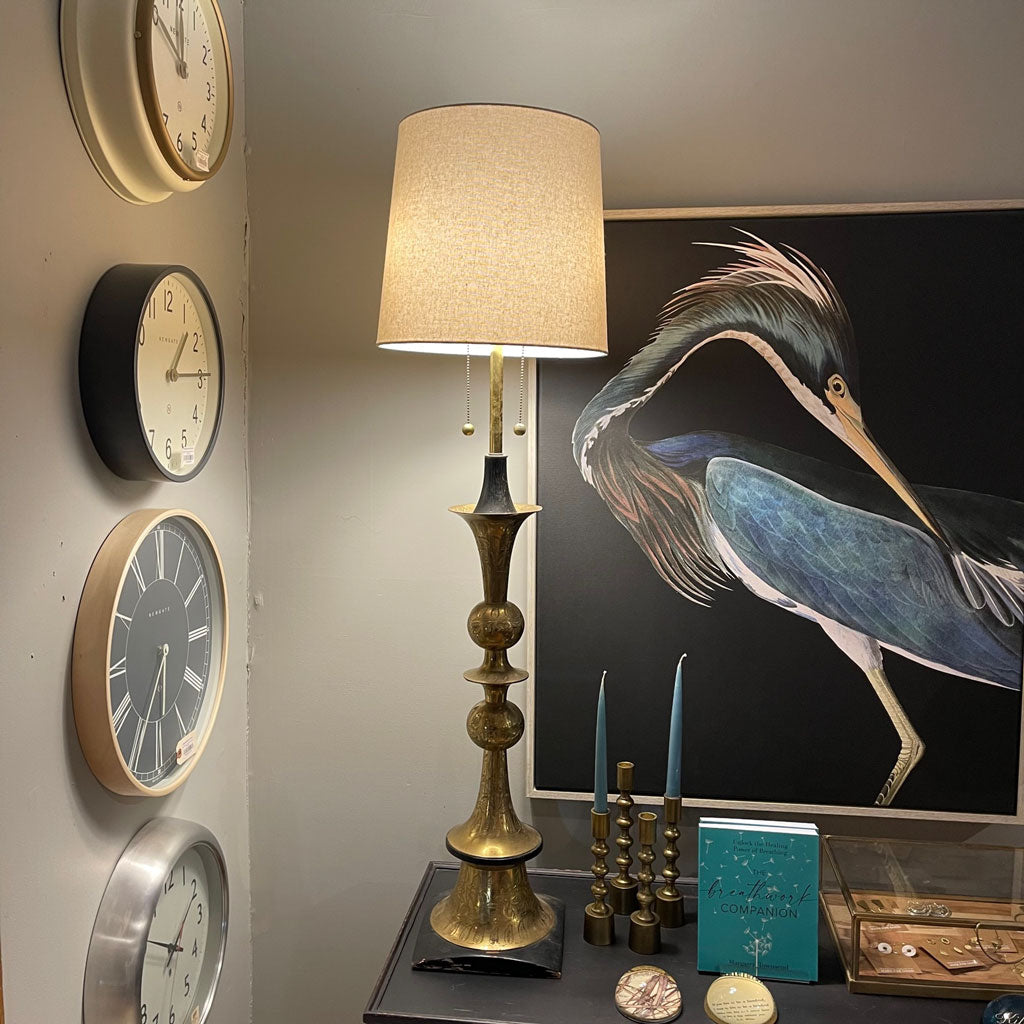 Vintage Pair of Tall Embossed Brass Table Lamps