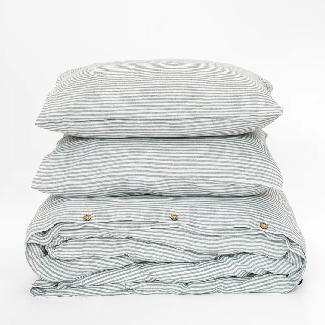 Striped in Forest Green Linen Duvet Cover Set (3 Pcs): US Queen + Standard Pillowcases