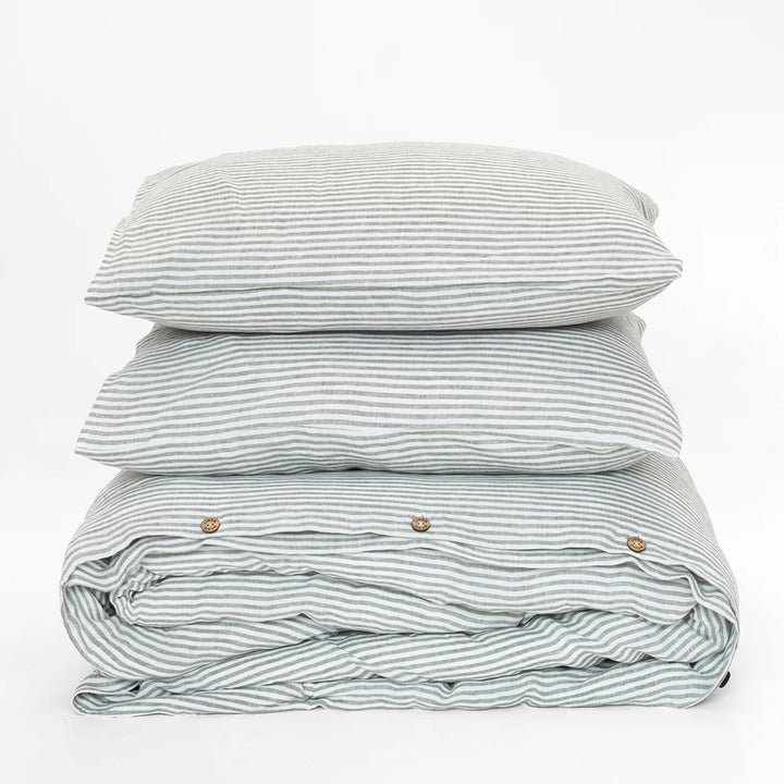 Striped in Forest Green Linen Duvet Cover Set (3 Pcs): US Queen + Standard Pillowcases