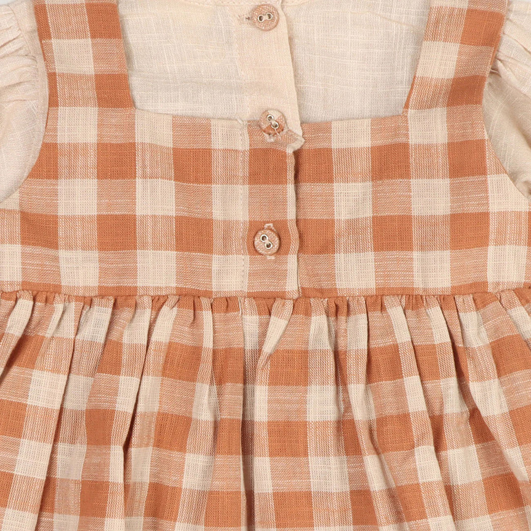 Pinafore Gingham Dress with Slub Shirt & Fancy Bloomer in Rusty Oat 3-6M