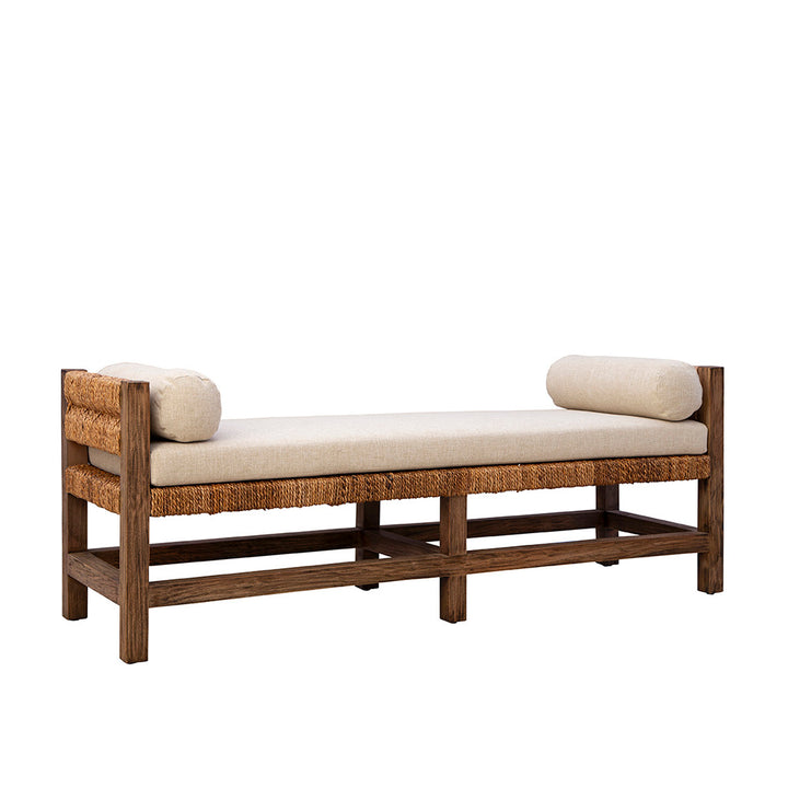 Wooden bench with beige cushions on a white background