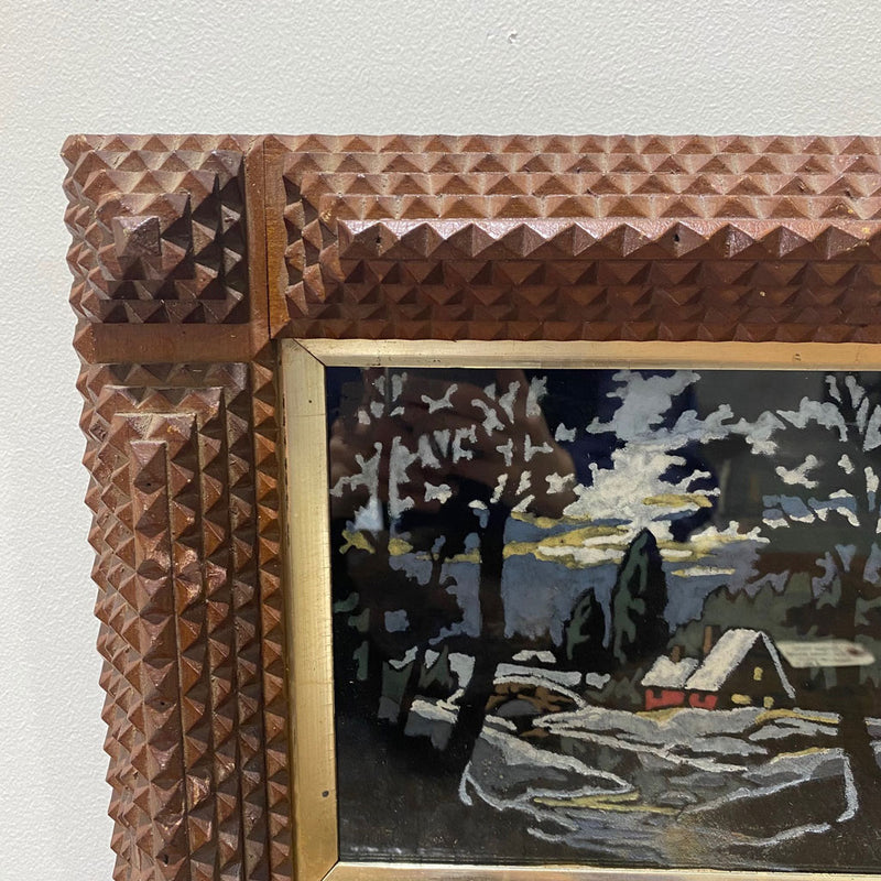 Antique Tramp Art Frame Winter Scene On Velvet