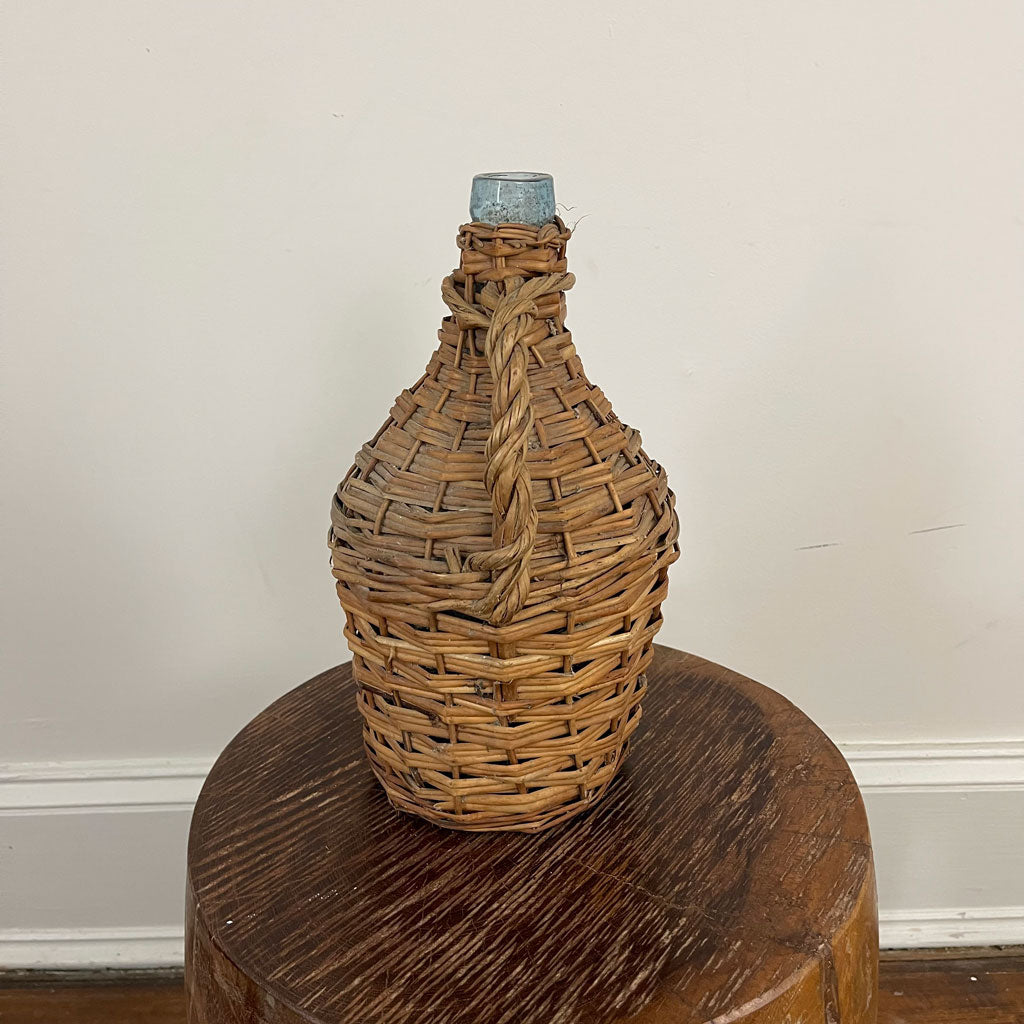 Antique Wicker Covered Small Wine Bottle A