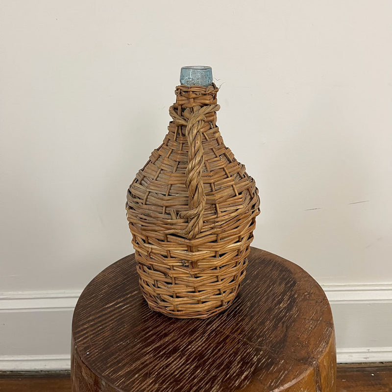 Antique Wicker Covered Small Wine Bottle A