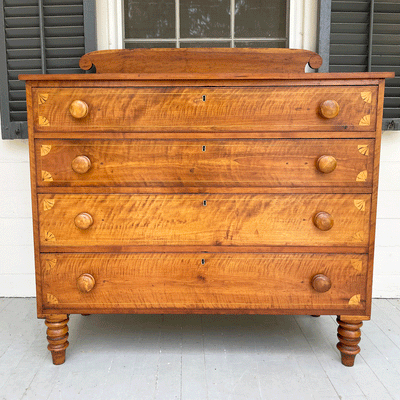 Antique Four Drawer Tiger Maple Dresser With Inlay