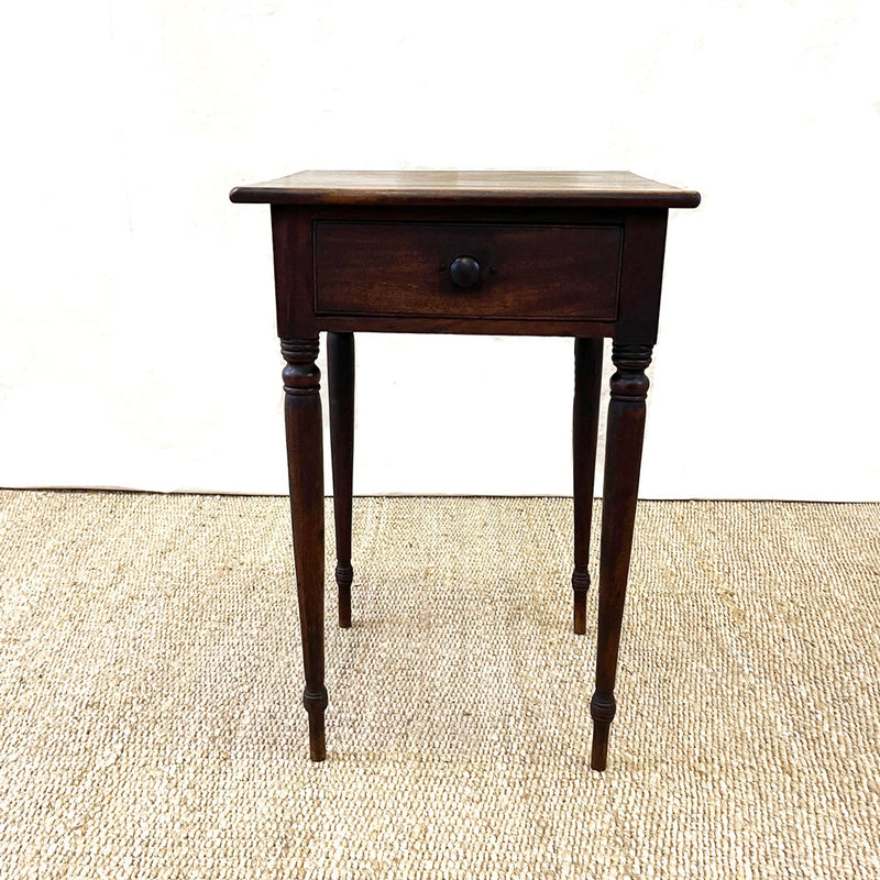 Antique One Drawer Stand With Dark Stain and Tapered Legs