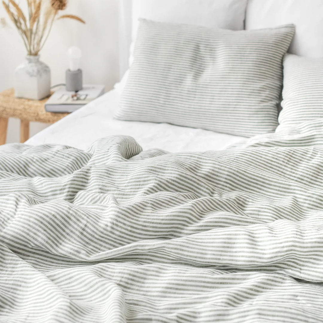 Striped in Forest Green Linen Duvet Cover Set (3 Pcs): US Queen + Standard Pillowcases