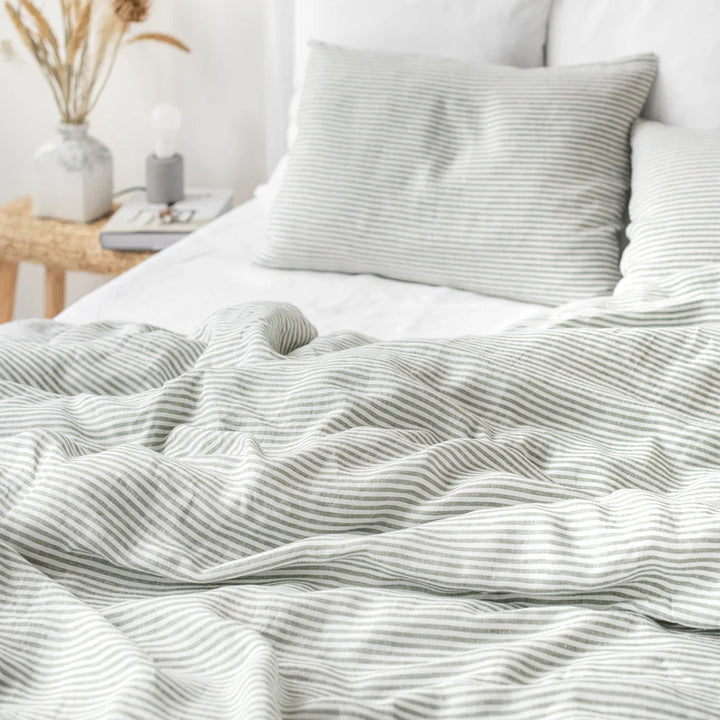 Striped in Forest Green Linen Duvet Cover Set (3 Pcs): US Queen + Standard Pillowcases