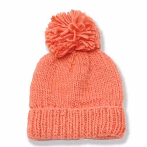 Hand Knitted Pompom Hat -Coral Rose