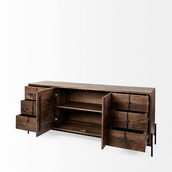 Grier 71.5" Sideboard with Six Drawers and 2 Doors in Dark Brown Wood Frame with Black Iron Accents