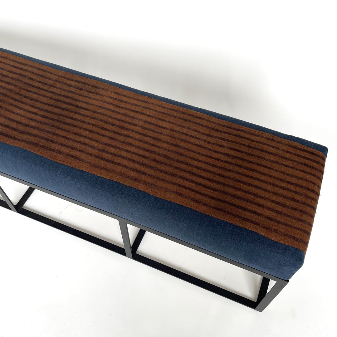 Cruz Bench in Indigo Fabric with One of a Kind Brown Stripe Runner (60")