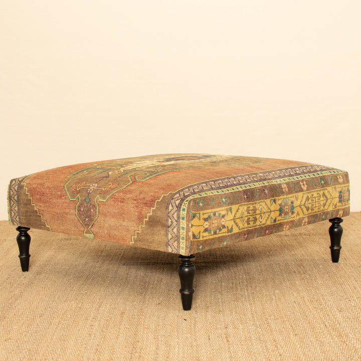 Vintage Square Rug Ottoman w/ Turned Black Legs 44x44 (1024-A)