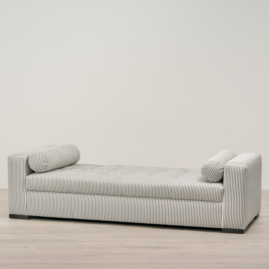 Beverly Convertible Daybed Upholstered in French ticking Charcoal with Black Walnut Leg Finish - Opens into either Two Twins or One Queen Bed