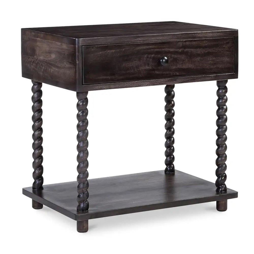 Dark wooden side table with a drawer and twisted legs on a white background