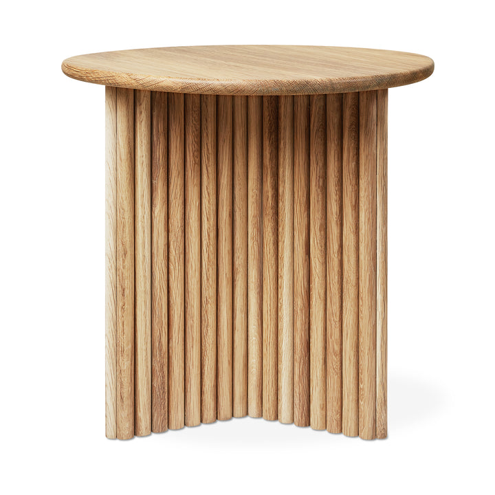 Wooden side table with a unique design on a white background