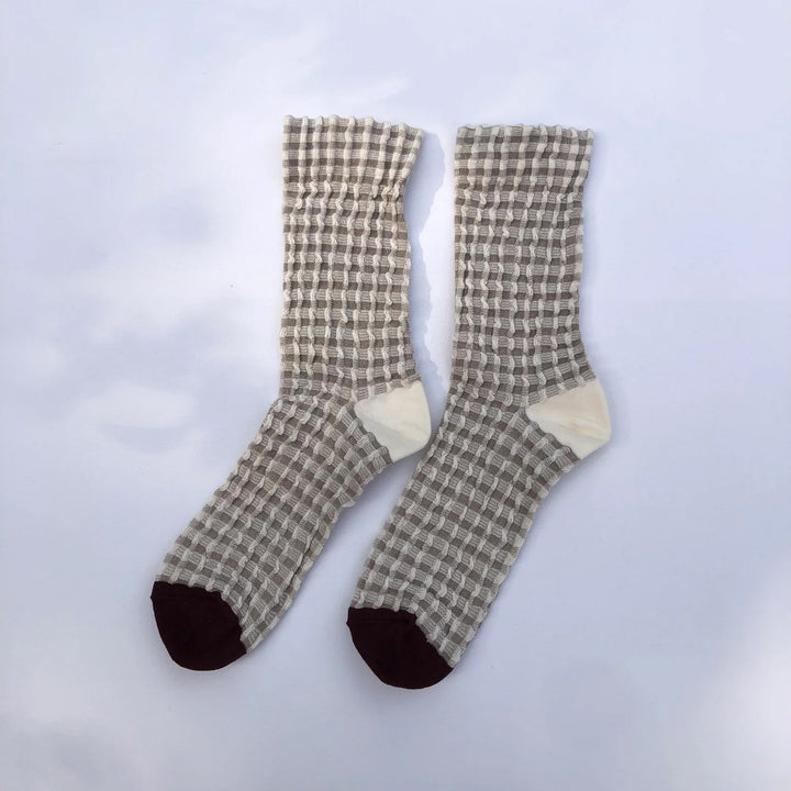 Gingham Waffle Socks - Cream