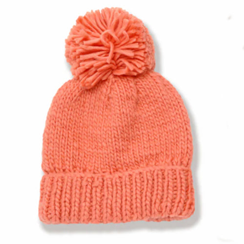 Hand Knitted Pompom Hat -Coral Rose