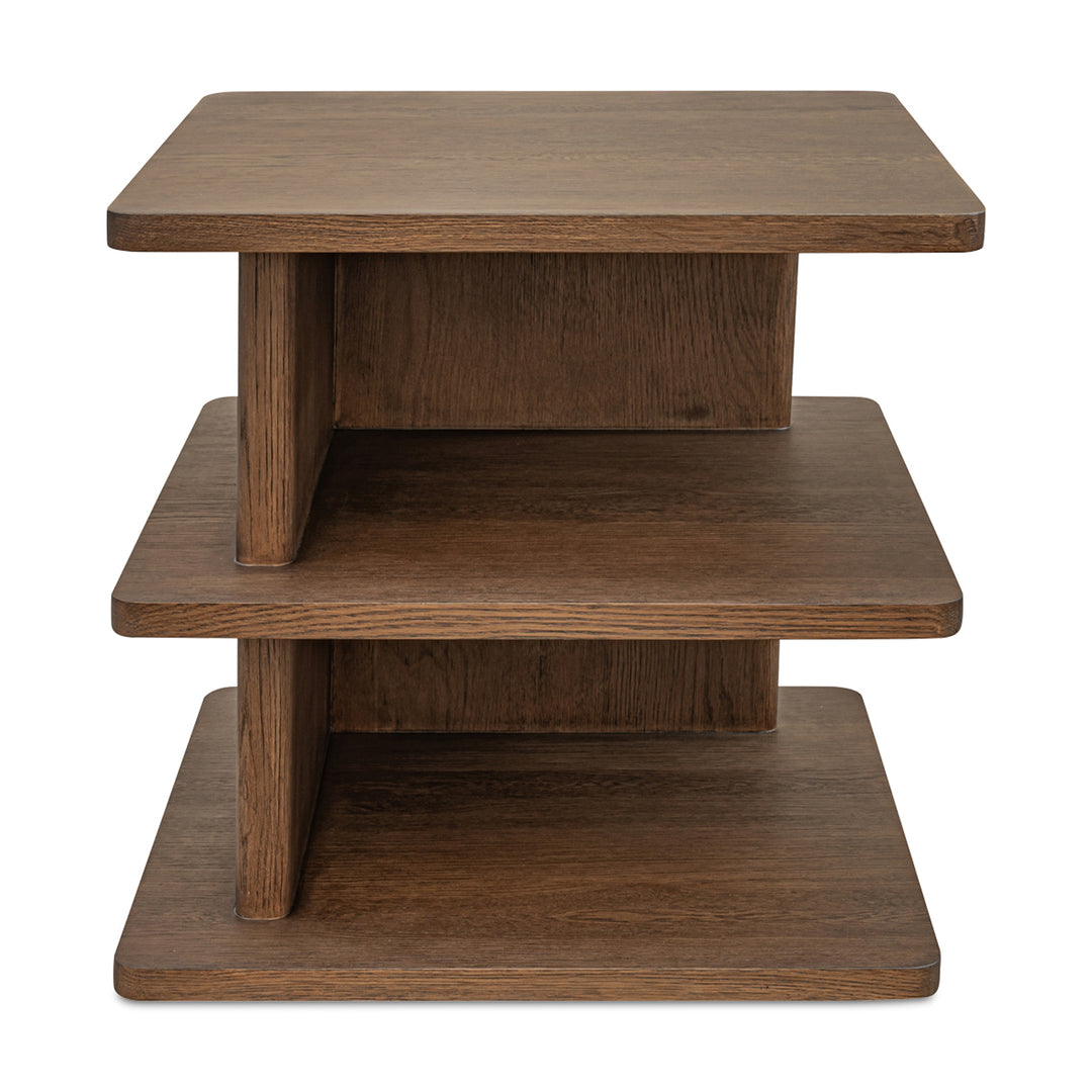 Wooden three-tiered shelf on a white background