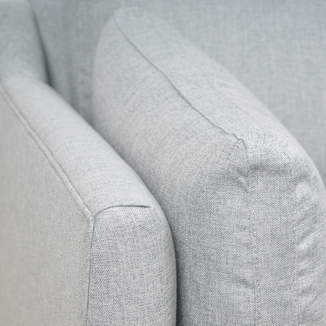 Holloway 90" Sofa  Upholstered in Kidproof Ice Blue with Tapered Leg in Chocolate Finish and Brass Caster with Cloud Down Standard Cushion
