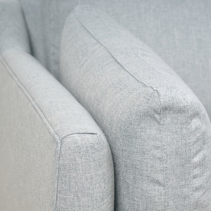 Holloway 90" Sofa  Upholstered in Kidproof Ice Blue with Tapered Leg in Chocolate Finish and Brass Caster with Cloud Down Standard Cushion