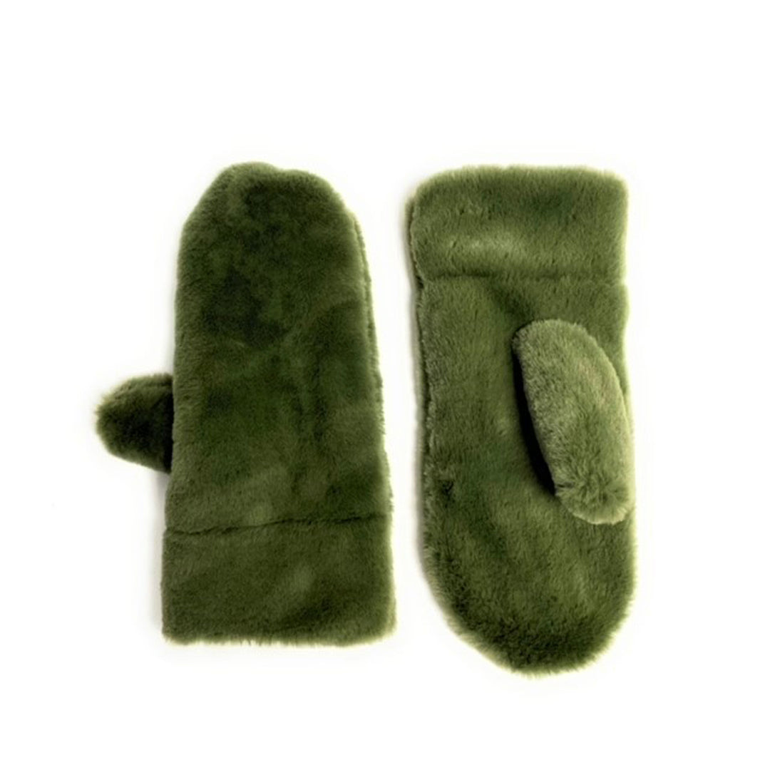 Faux Fur Mittens in Olive