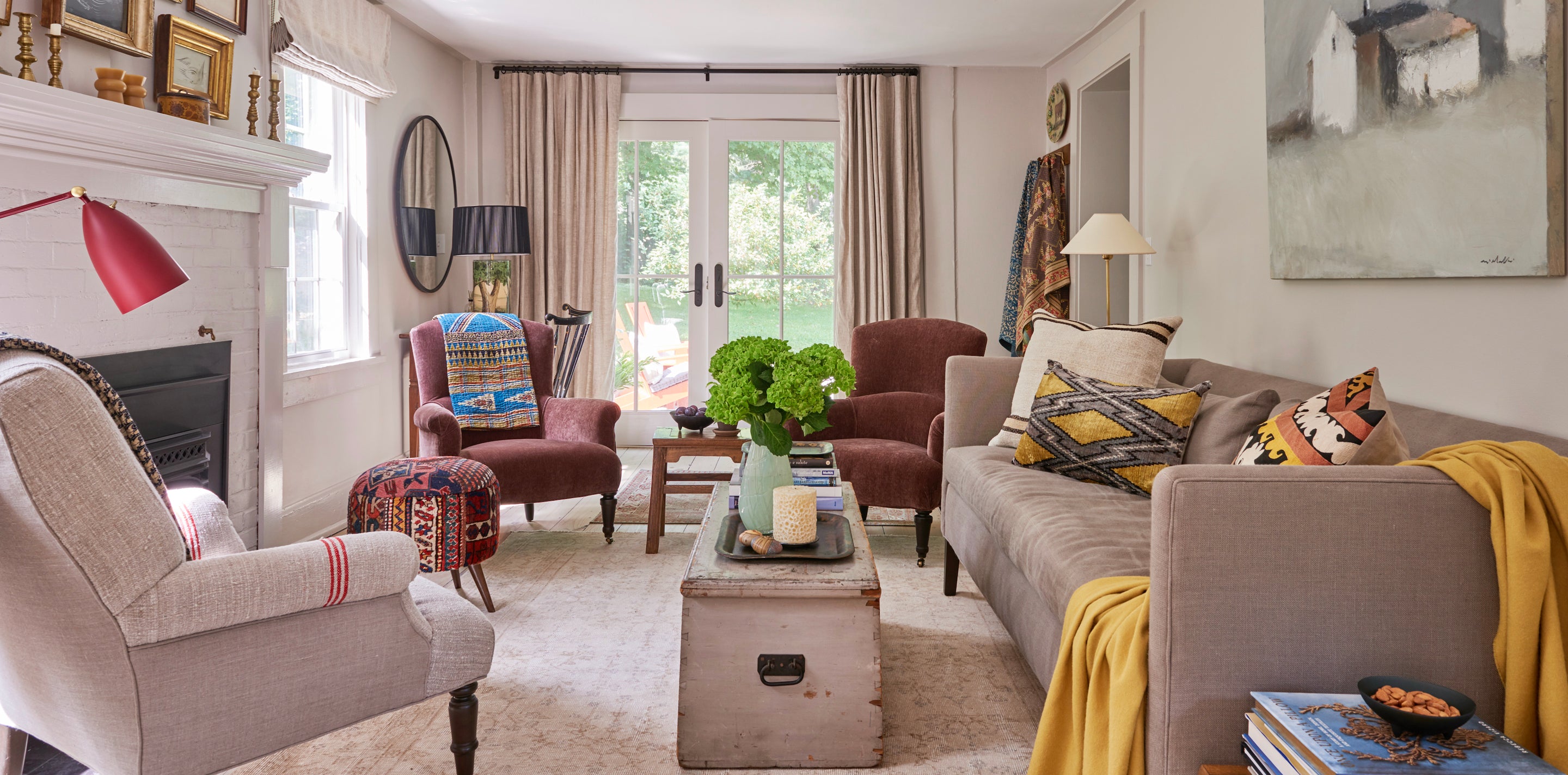 Hammertown styled living room with cozy furniture and french doors