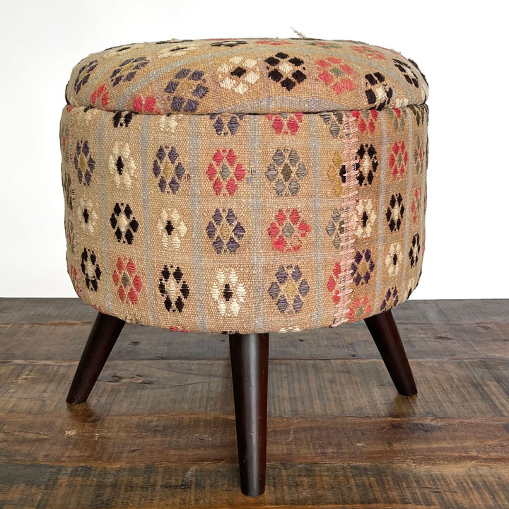 Vintage Small Round Rug Ottoman (1124-BB)