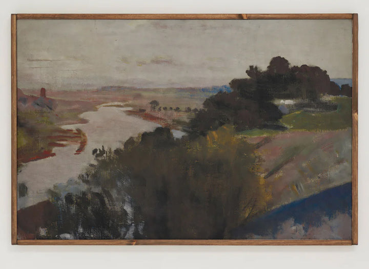 Lingering Dusk on the River Bend Horizontal Framed Wooden Art 48x32 Dark Brown Frame