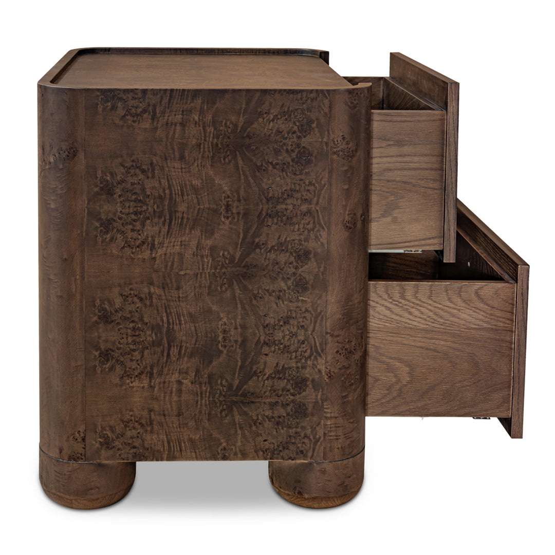 Wooden side table with a textured finish and open drawer on a white background