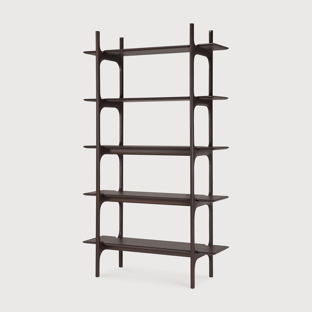 Dark wood bookshelf with multiple shelves on a light gray background