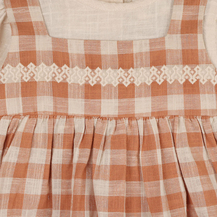 Pinafore Gingham Dress with Slub Shirt & Fancy Bloomer in Rusty Oat 3-6M