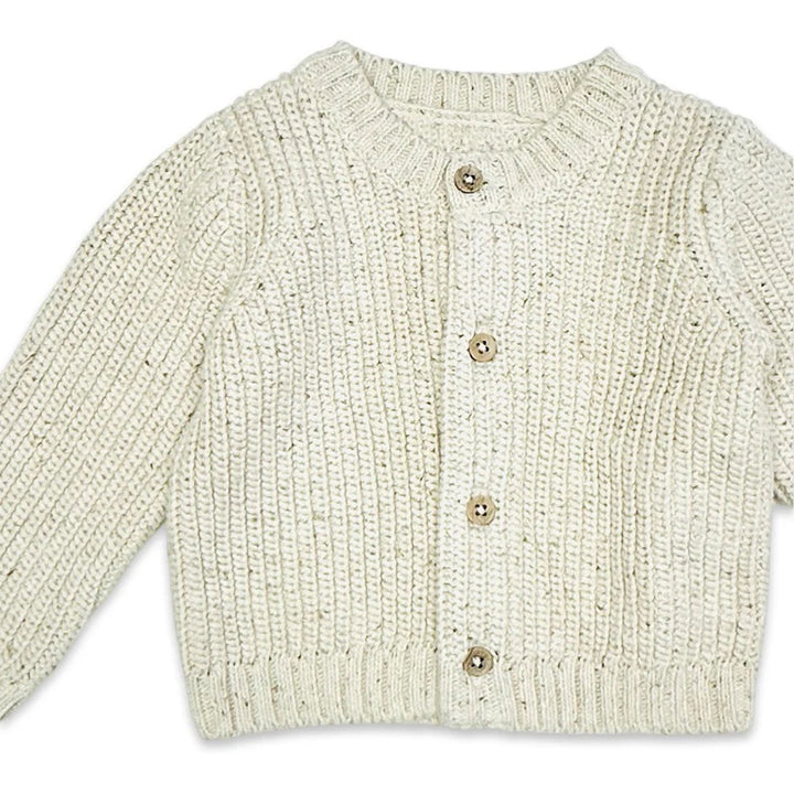 Classic Chunky Knit Button Sweater Cardigan in Speckled Linen 3-6M