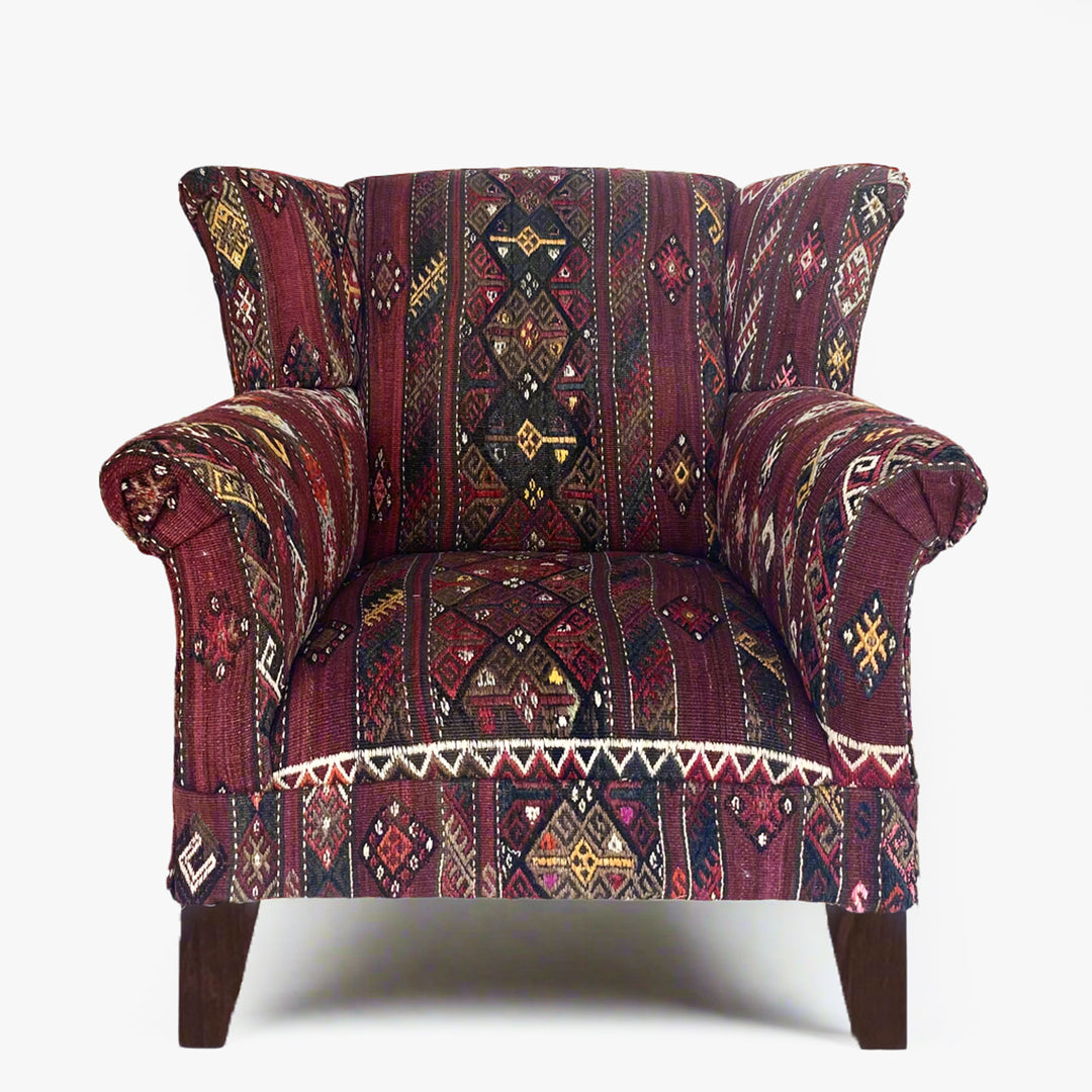 Wing Chair Upholstered in Vintage Geometric Kilim B