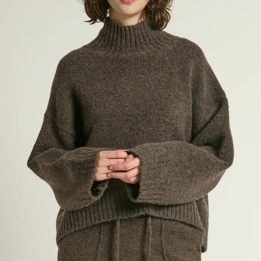 Person wearing a brown sweater against a plain background