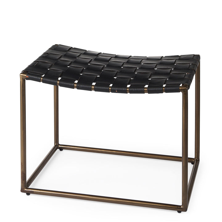 Callum Black Leather Woven Stool with Gold Metal Frame