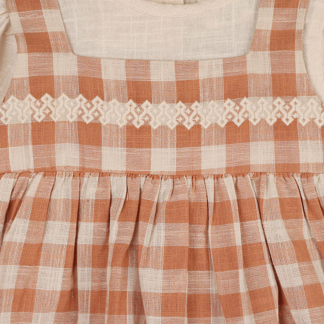 Pinafore Gingham Dress with Slub Shirt & Fancy Bloomer in Rusty Oat 6-12M