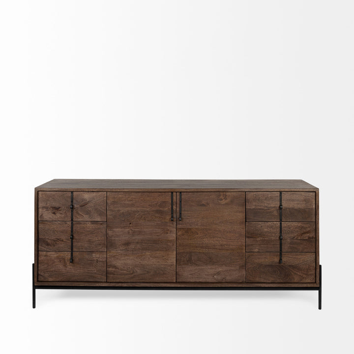 Grier 71.5" Sideboard with Six Drawers and 2 Doors in Dark Brown Wood Frame with Black Iron Accents