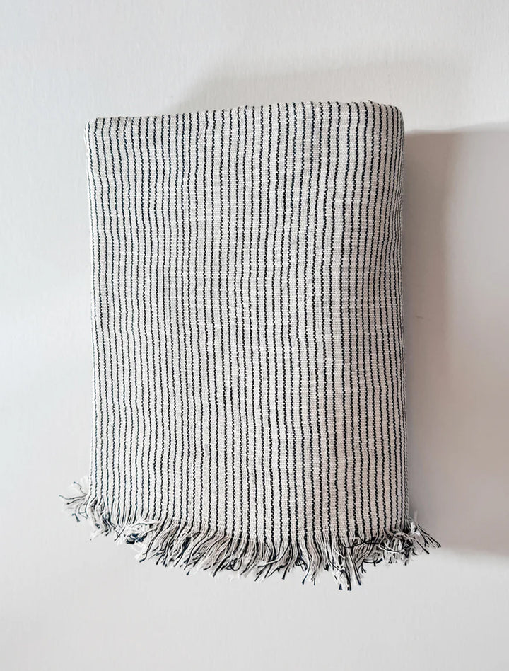 Linen-Cotton Blend Throw/Blanket - Thin Stripe Black