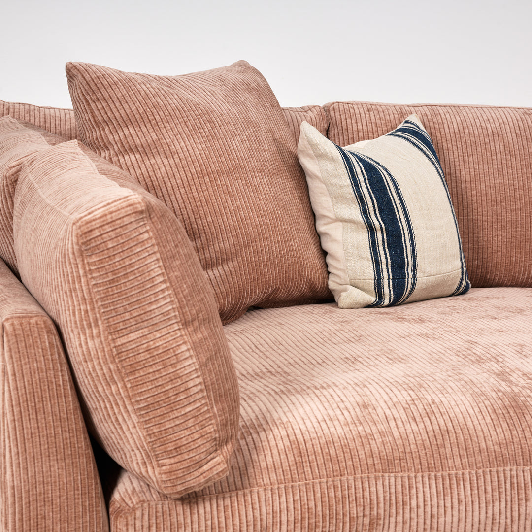 Sectional: Boden Right Seated Cuddler End Upholstered in Heavy Duty Rustic Terracotta with Cloud Standard Cushion and Chocolate Leg Finish....AND... Boden Left-Seated 2-Seat Bench Sofa End Upholstered in Heavy Duty Rustic Terracotta with Cloud Standard Cushion and Chocolate Leg