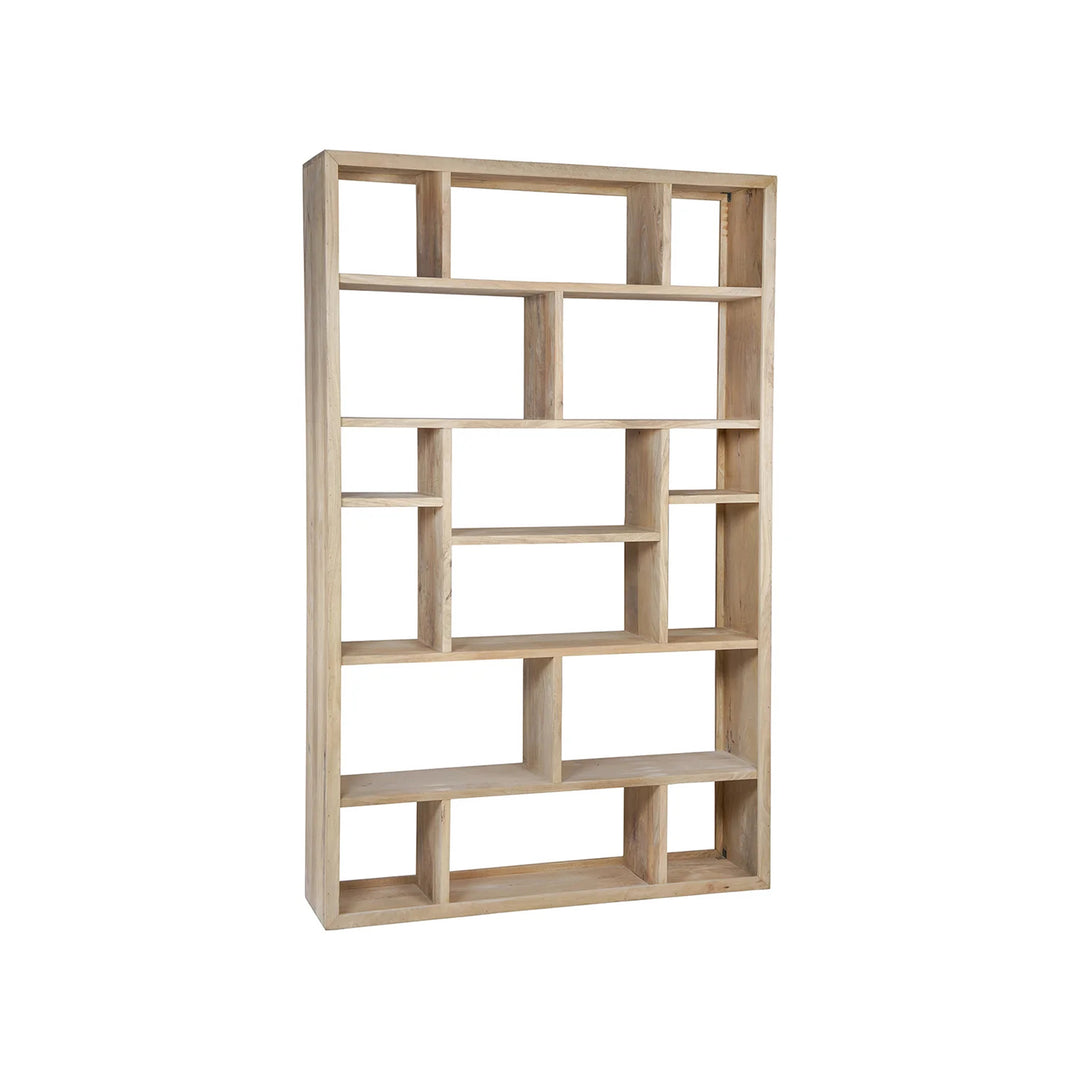 Wooden bookshelf with geometric design on a white background