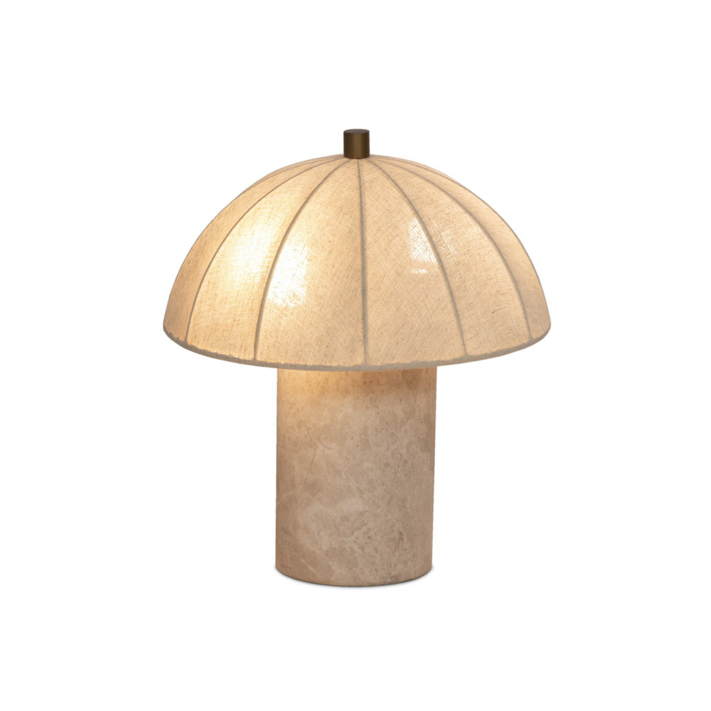 Table lamp with a beige fabric shade and ceramic base on a white background