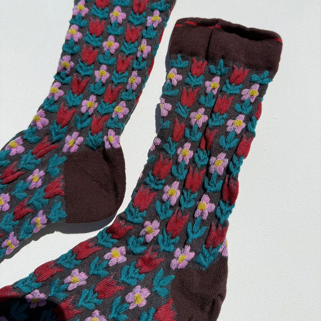 Tulips Garden Socks - Brown - Size S/M