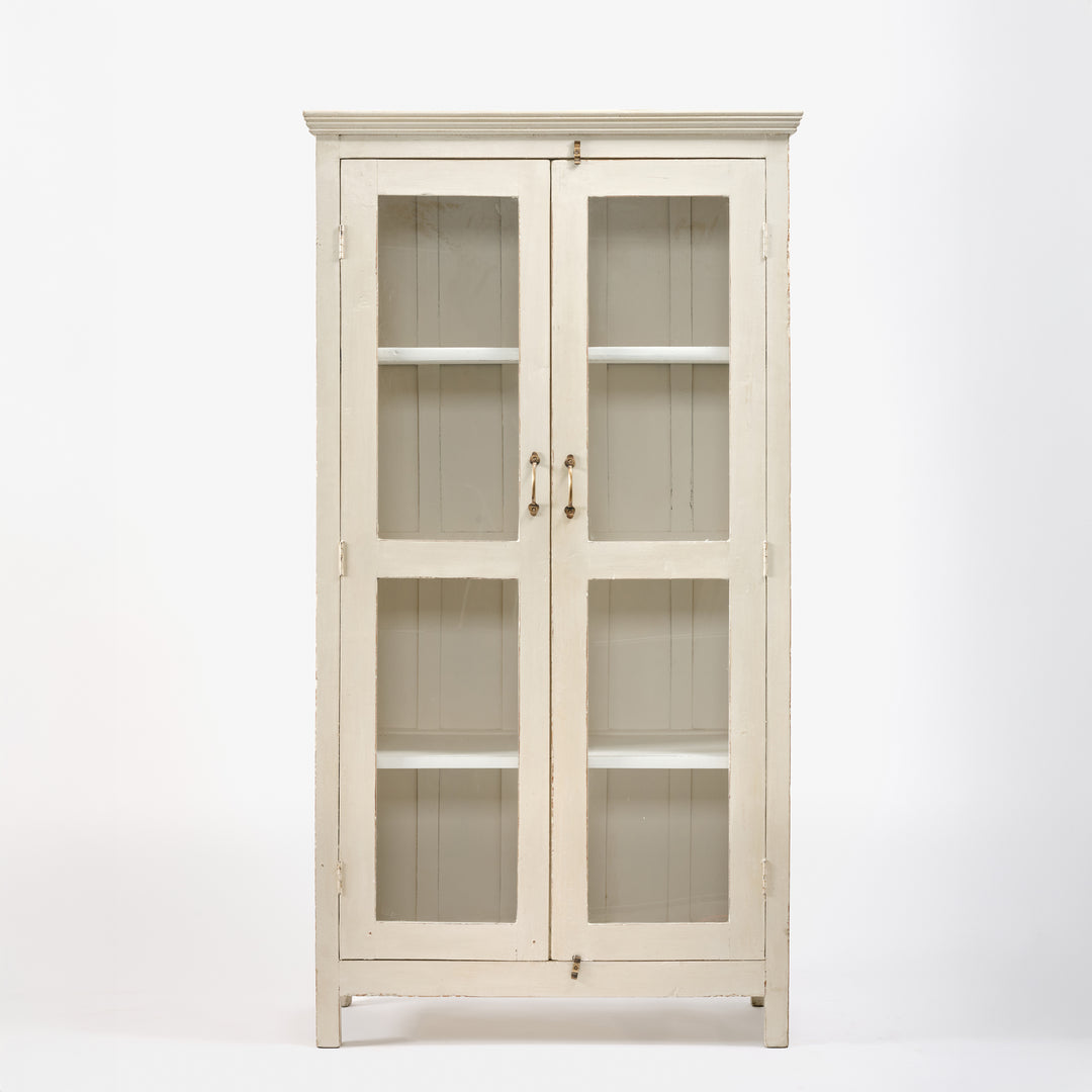 Beige glass-fronted cabinet on a white background