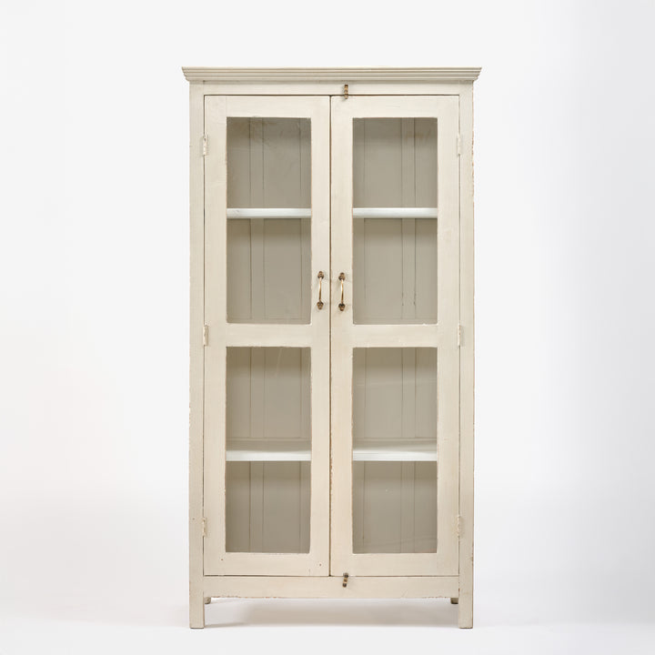 Beige glass-fronted cabinet on a white background