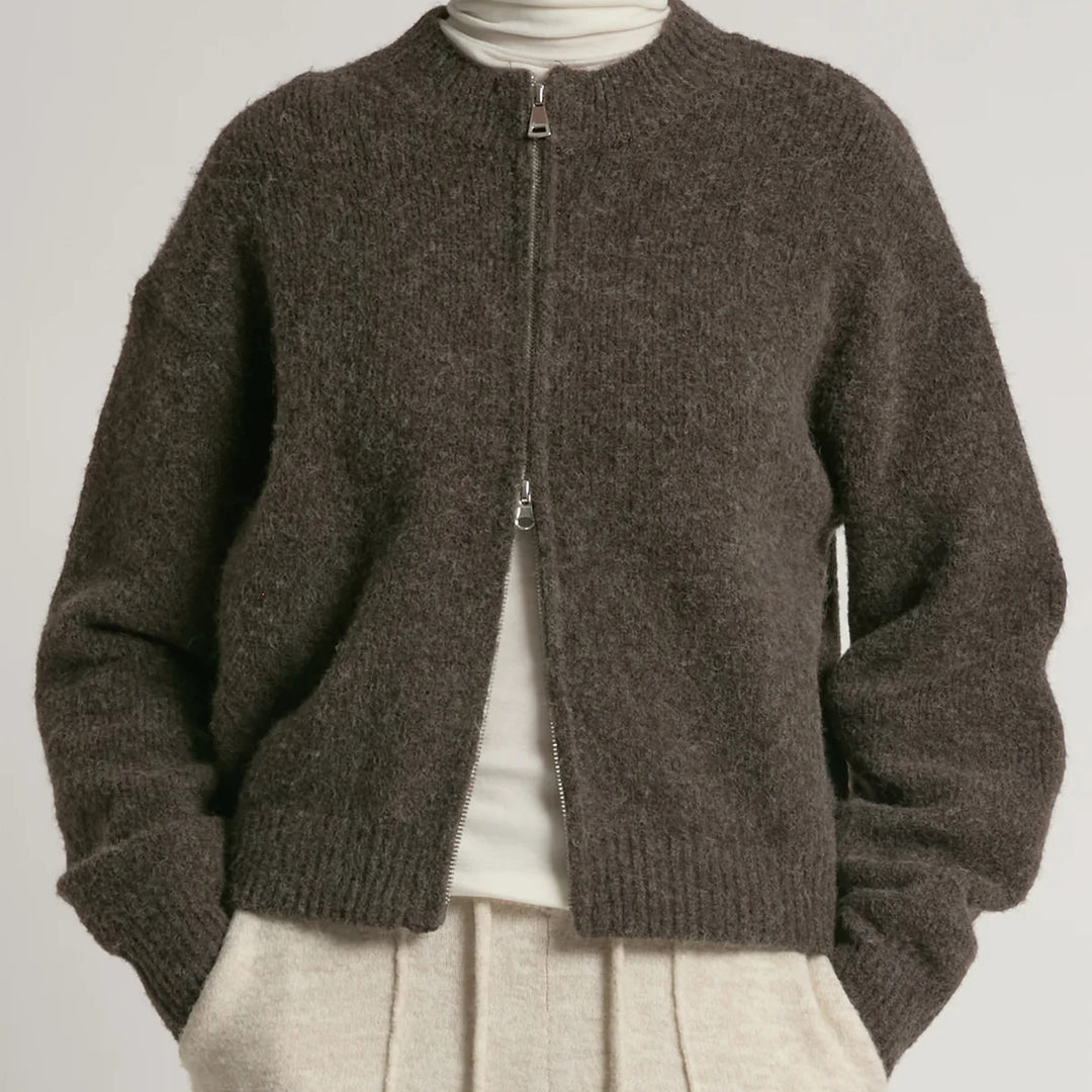 Crop Zip-Up Cardigan in Brown