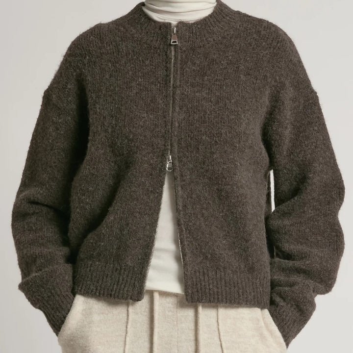 Crop Zip-Up Cardigan in Brown