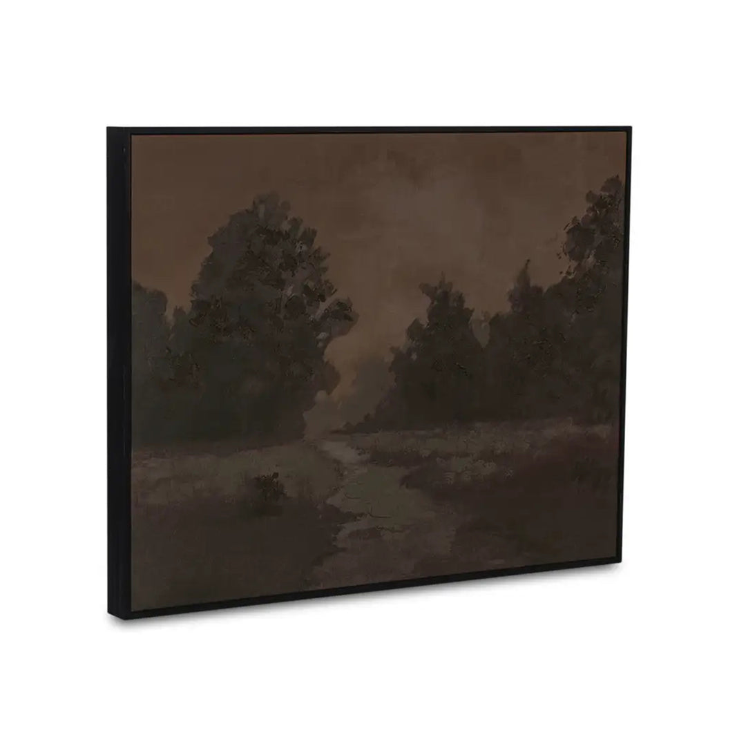 Framed artwork of a dark forest scene with trees and mist on a white background